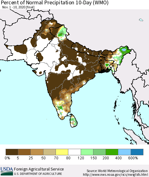 Southern Asia Percent of Normal Precipitation 10-Day (WMO) Thematic Map For 11/1/2020 - 11/10/2020