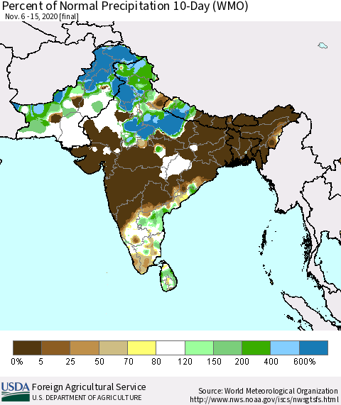 Southern Asia Percent of Normal Precipitation 10-Day (WMO) Thematic Map For 11/6/2020 - 11/15/2020