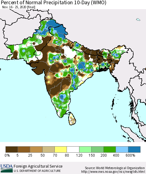 Southern Asia Percent of Normal Precipitation 10-Day (WMO) Thematic Map For 11/16/2020 - 11/25/2020