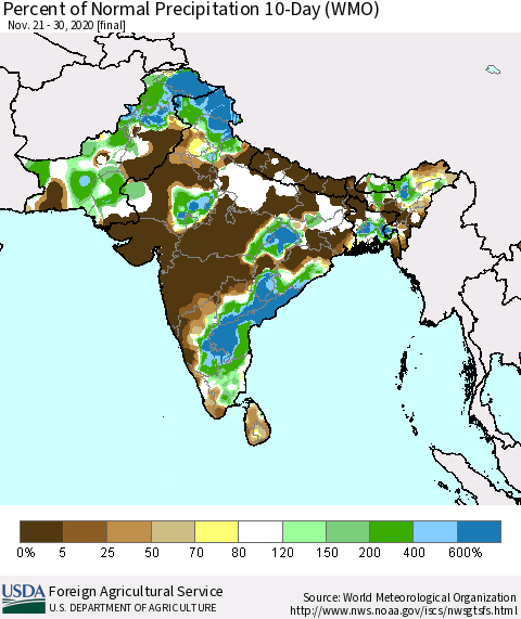 Southern Asia Percent of Normal Precipitation 10-Day (WMO) Thematic Map For 11/21/2020 - 11/30/2020
