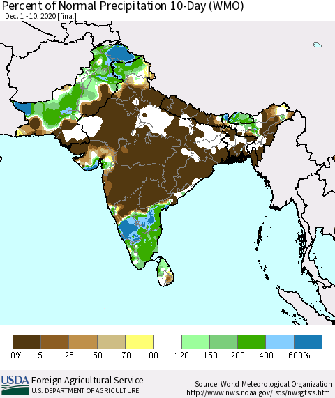 Southern Asia Percent of Normal Precipitation 10-Day (WMO) Thematic Map For 12/1/2020 - 12/10/2020