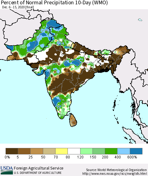 Southern Asia Percent of Normal Precipitation 10-Day (WMO) Thematic Map For 12/6/2020 - 12/15/2020