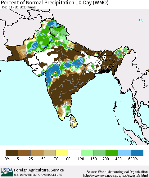 Southern Asia Percent of Normal Precipitation 10-Day (WMO) Thematic Map For 12/11/2020 - 12/20/2020