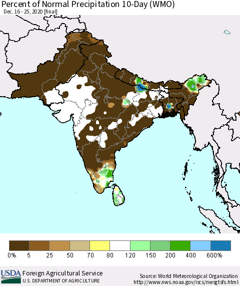Southern Asia Percent of Normal Precipitation 10-Day (WMO) Thematic Map For 12/16/2020 - 12/25/2020