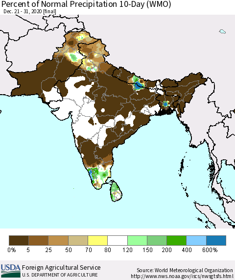 Southern Asia Percent of Normal Precipitation 10-Day (WMO) Thematic Map For 12/21/2020 - 12/31/2020