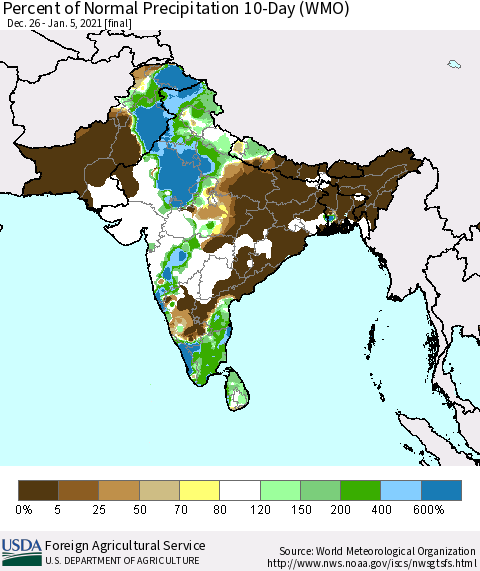 Southern Asia Percent of Normal Precipitation 10-Day (WMO) Thematic Map For 12/26/2020 - 1/5/2021
