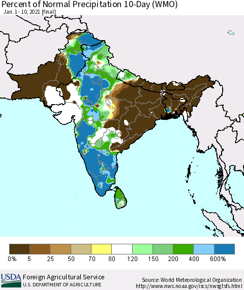Southern Asia Percent of Normal Precipitation 10-Day (WMO) Thematic Map For 1/1/2021 - 1/10/2021