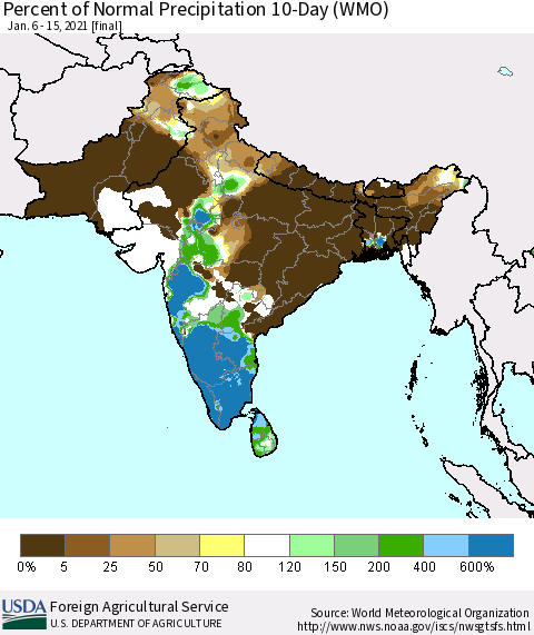 Southern Asia Percent of Normal Precipitation 10-Day (WMO) Thematic Map For 1/6/2021 - 1/15/2021