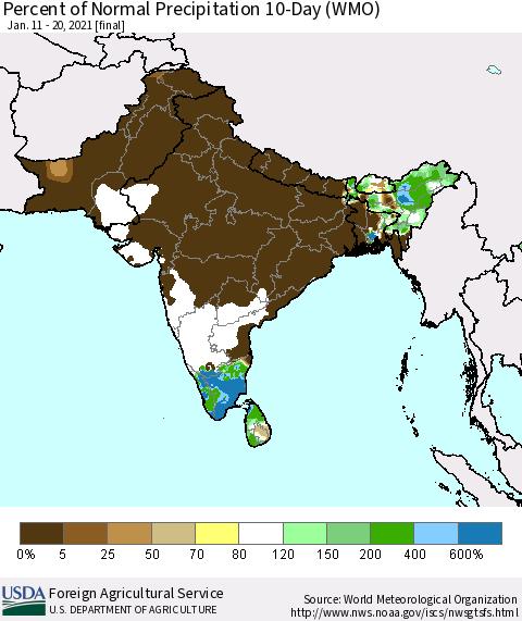 Southern Asia Percent of Normal Precipitation 10-Day (WMO) Thematic Map For 1/11/2021 - 1/20/2021