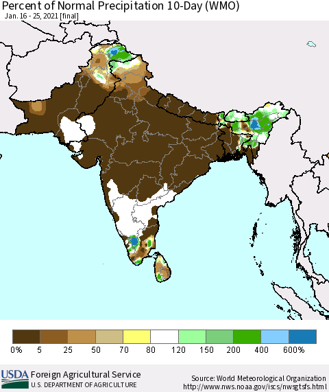 Southern Asia Percent of Normal Precipitation 10-Day (WMO) Thematic Map For 1/16/2021 - 1/25/2021