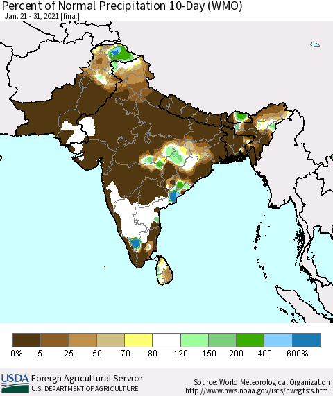 Southern Asia Percent of Normal Precipitation 10-Day (WMO) Thematic Map For 1/21/2021 - 1/31/2021