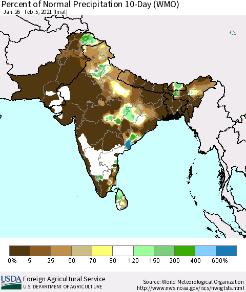 Southern Asia Percent of Normal Precipitation 10-Day (WMO) Thematic Map For 1/26/2021 - 2/5/2021