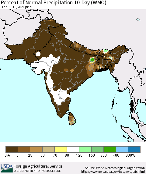 Southern Asia Percent of Normal Precipitation 10-Day (WMO) Thematic Map For 2/6/2021 - 2/15/2021