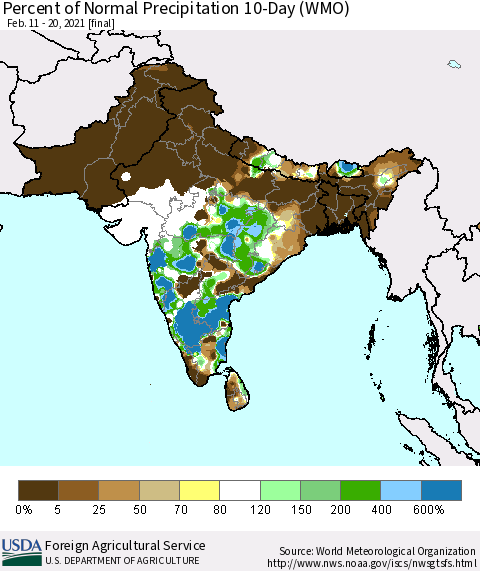 Southern Asia Percent of Normal Precipitation 10-Day (WMO) Thematic Map For 2/11/2021 - 2/20/2021