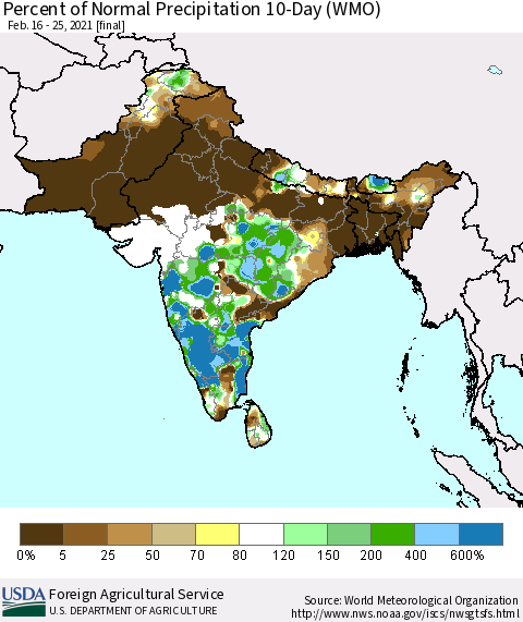 Southern Asia Percent of Normal Precipitation 10-Day (WMO) Thematic Map For 2/16/2021 - 2/25/2021
