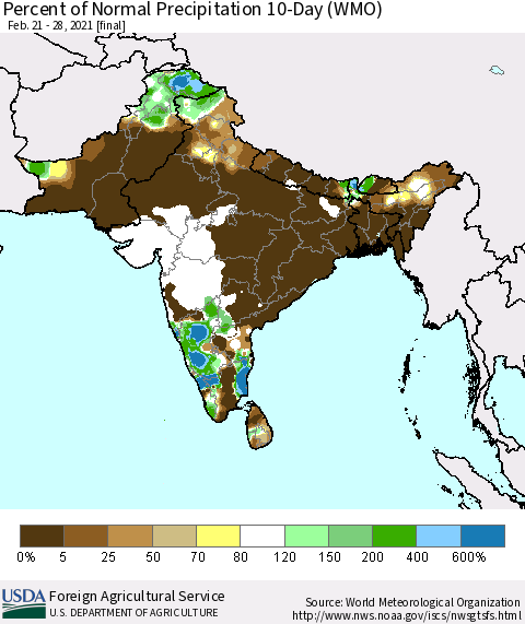 Southern Asia Percent of Normal Precipitation 10-Day (WMO) Thematic Map For 2/21/2021 - 2/28/2021