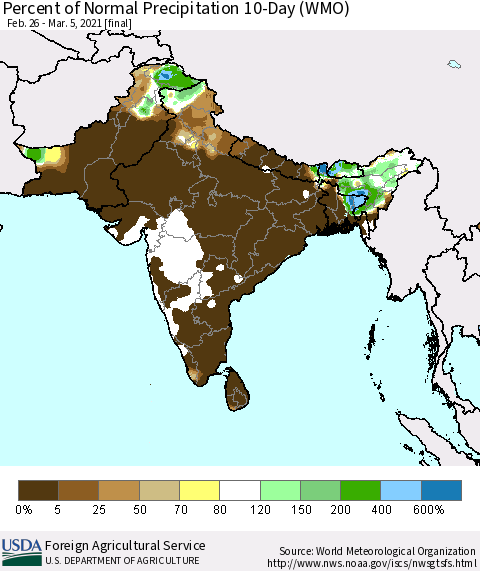 Southern Asia Percent of Normal Precipitation 10-Day (WMO) Thematic Map For 2/26/2021 - 3/5/2021