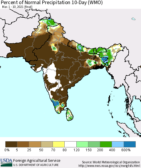 Southern Asia Percent of Normal Precipitation 10-Day (WMO) Thematic Map For 3/1/2021 - 3/10/2021