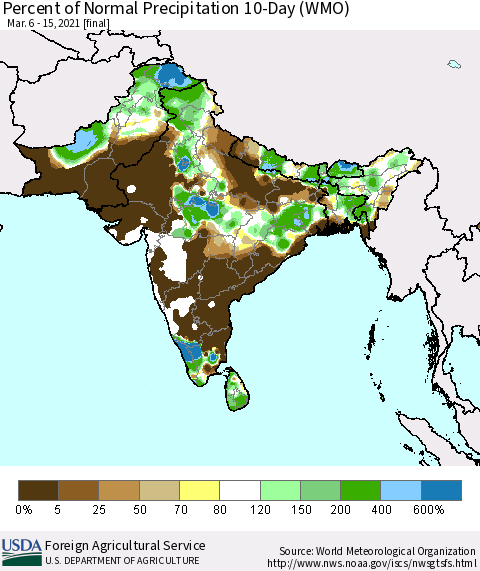Southern Asia Percent of Normal Precipitation 10-Day (WMO) Thematic Map For 3/6/2021 - 3/15/2021