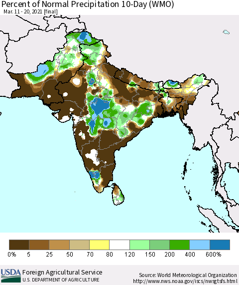 Southern Asia Percent of Normal Precipitation 10-Day (WMO) Thematic Map For 3/11/2021 - 3/20/2021