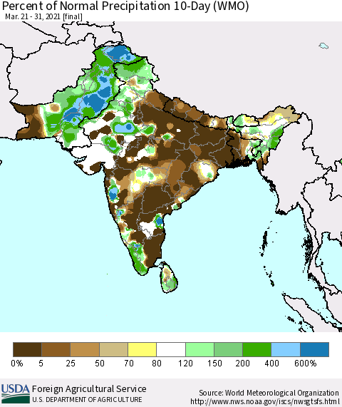 Southern Asia Percent of Normal Precipitation 10-Day (WMO) Thematic Map For 3/21/2021 - 3/31/2021
