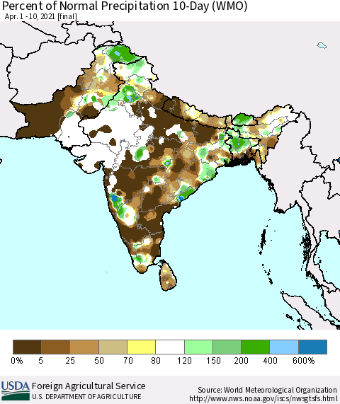 Southern Asia Percent of Normal Precipitation 10-Day (WMO) Thematic Map For 4/1/2021 - 4/10/2021