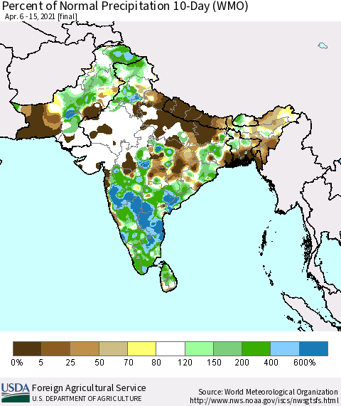 Southern Asia Percent of Normal Precipitation 10-Day (WMO) Thematic Map For 4/6/2021 - 4/15/2021