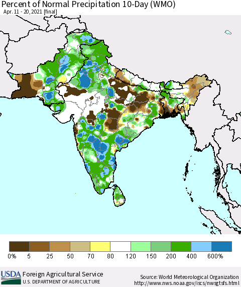 Southern Asia Percent of Normal Precipitation 10-Day (WMO) Thematic Map For 4/11/2021 - 4/20/2021