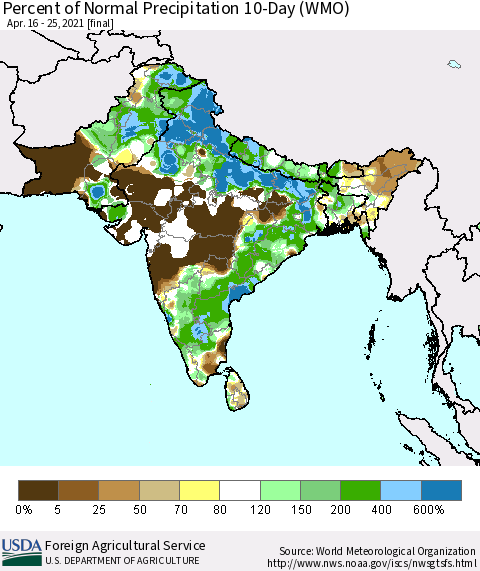 Southern Asia Percent of Normal Precipitation 10-Day (WMO) Thematic Map For 4/16/2021 - 4/25/2021