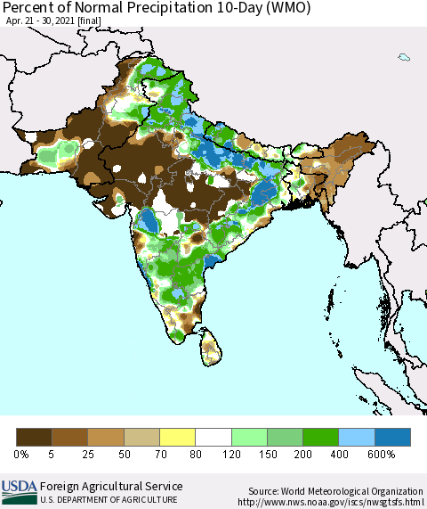 Southern Asia Percent of Normal Precipitation 10-Day (WMO) Thematic Map For 4/21/2021 - 4/30/2021