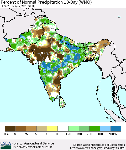 Southern Asia Percent of Normal Precipitation 10-Day (WMO) Thematic Map For 4/26/2021 - 5/5/2021
