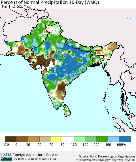 Southern Asia Percent of Normal Precipitation 10-Day (WMO) Thematic Map For 5/1/2021 - 5/10/2021