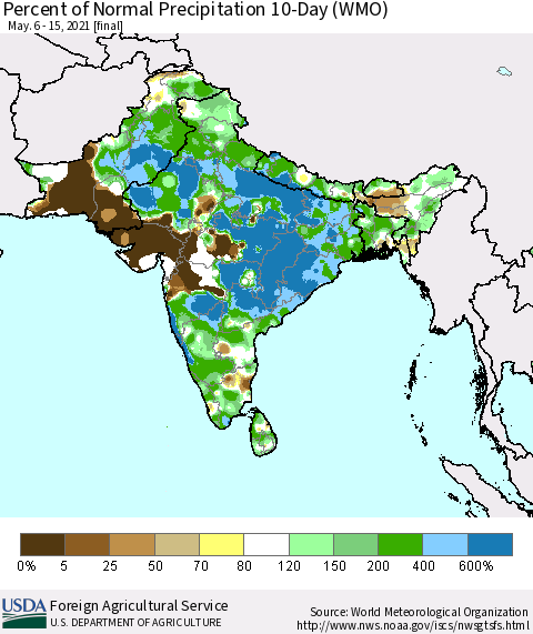Southern Asia Percent of Normal Precipitation 10-Day (WMO) Thematic Map For 5/6/2021 - 5/15/2021