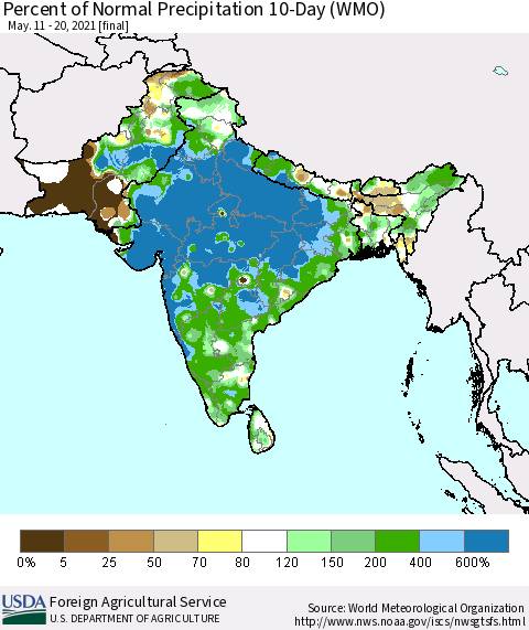 Southern Asia Percent of Normal Precipitation 10-Day (WMO) Thematic Map For 5/11/2021 - 5/20/2021