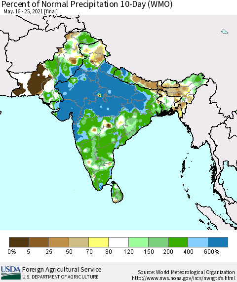 Southern Asia Percent of Normal Precipitation 10-Day (WMO) Thematic Map For 5/16/2021 - 5/25/2021