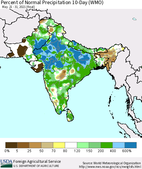 Southern Asia Percent of Normal Precipitation 10-Day (WMO) Thematic Map For 5/21/2021 - 5/31/2021