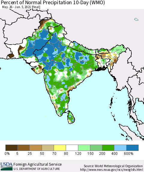 Southern Asia Percent of Normal Precipitation 10-Day (WMO) Thematic Map For 5/26/2021 - 6/5/2021