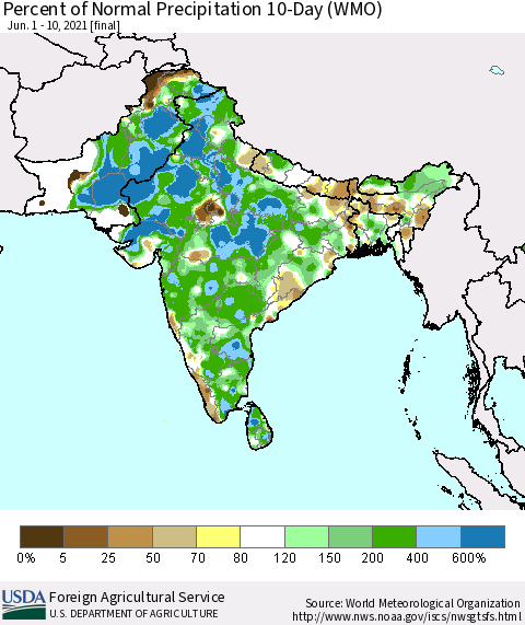 Southern Asia Percent of Normal Precipitation 10-Day (WMO) Thematic Map For 6/1/2021 - 6/10/2021