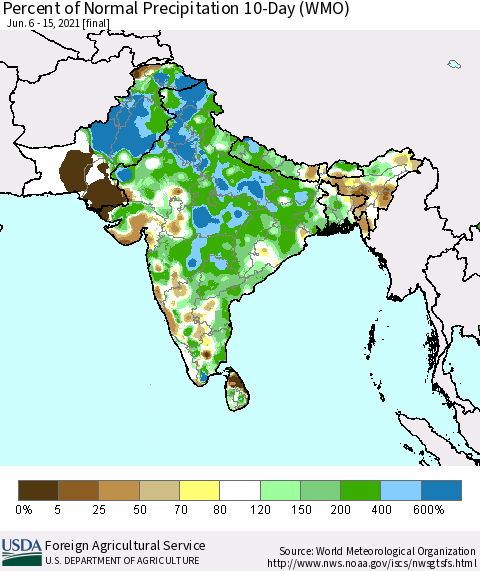 Southern Asia Percent of Normal Precipitation 10-Day (WMO) Thematic Map For 6/6/2021 - 6/15/2021