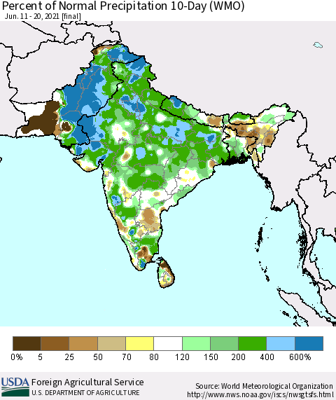Southern Asia Percent of Normal Precipitation 10-Day (WMO) Thematic Map For 6/11/2021 - 6/20/2021