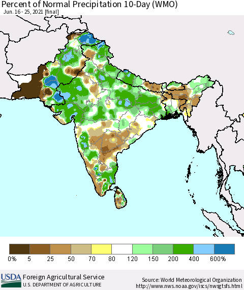 Southern Asia Percent of Normal Precipitation 10-Day (WMO) Thematic Map For 6/16/2021 - 6/25/2021