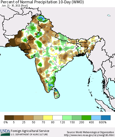 Southern Asia Percent of Normal Precipitation 10-Day (WMO) Thematic Map For 6/21/2021 - 6/30/2021