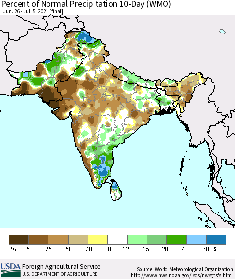 Southern Asia Percent of Normal Precipitation 10-Day (WMO) Thematic Map For 6/26/2021 - 7/5/2021
