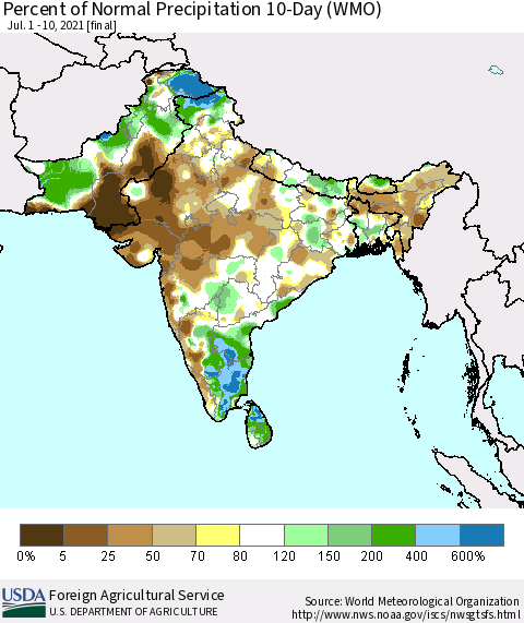Southern Asia Percent of Normal Precipitation 10-Day (WMO) Thematic Map For 7/1/2021 - 7/10/2021