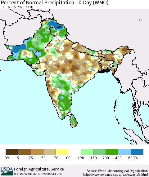 Southern Asia Percent of Normal Precipitation 10-Day (WMO) Thematic Map For 7/6/2021 - 7/15/2021