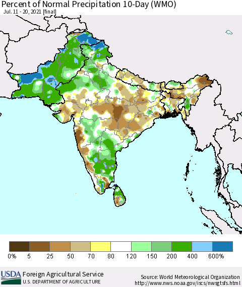Southern Asia Percent of Normal Precipitation 10-Day (WMO) Thematic Map For 7/11/2021 - 7/20/2021