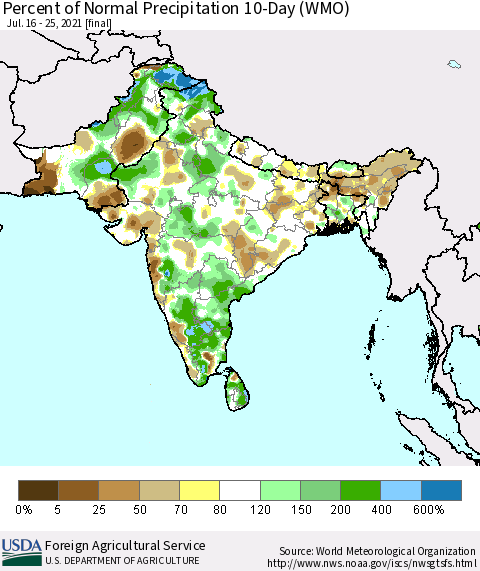 Southern Asia Percent of Normal Precipitation 10-Day (WMO) Thematic Map For 7/16/2021 - 7/25/2021