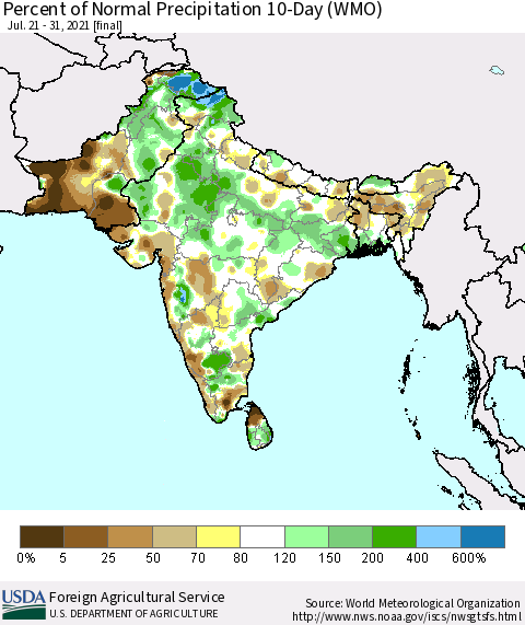 Southern Asia Percent of Normal Precipitation 10-Day (WMO) Thematic Map For 7/21/2021 - 7/31/2021