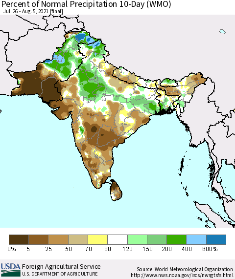 Southern Asia Percent of Normal Precipitation 10-Day (WMO) Thematic Map For 7/26/2021 - 8/5/2021