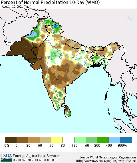 Southern Asia Percent of Normal Precipitation 10-Day (WMO) Thematic Map For 8/1/2021 - 8/10/2021